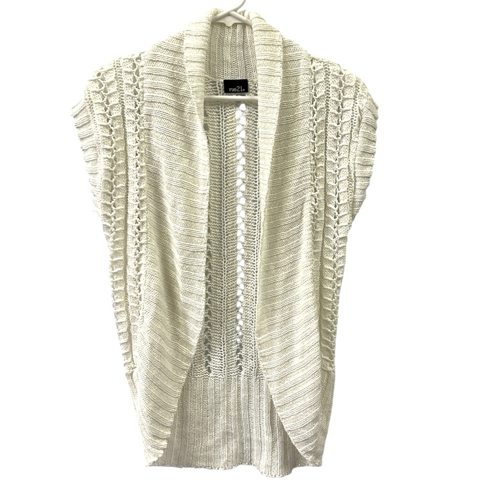 Rue 21 Cream and Silver Open Front Knit Collared Cardigan Short Sleeve Small